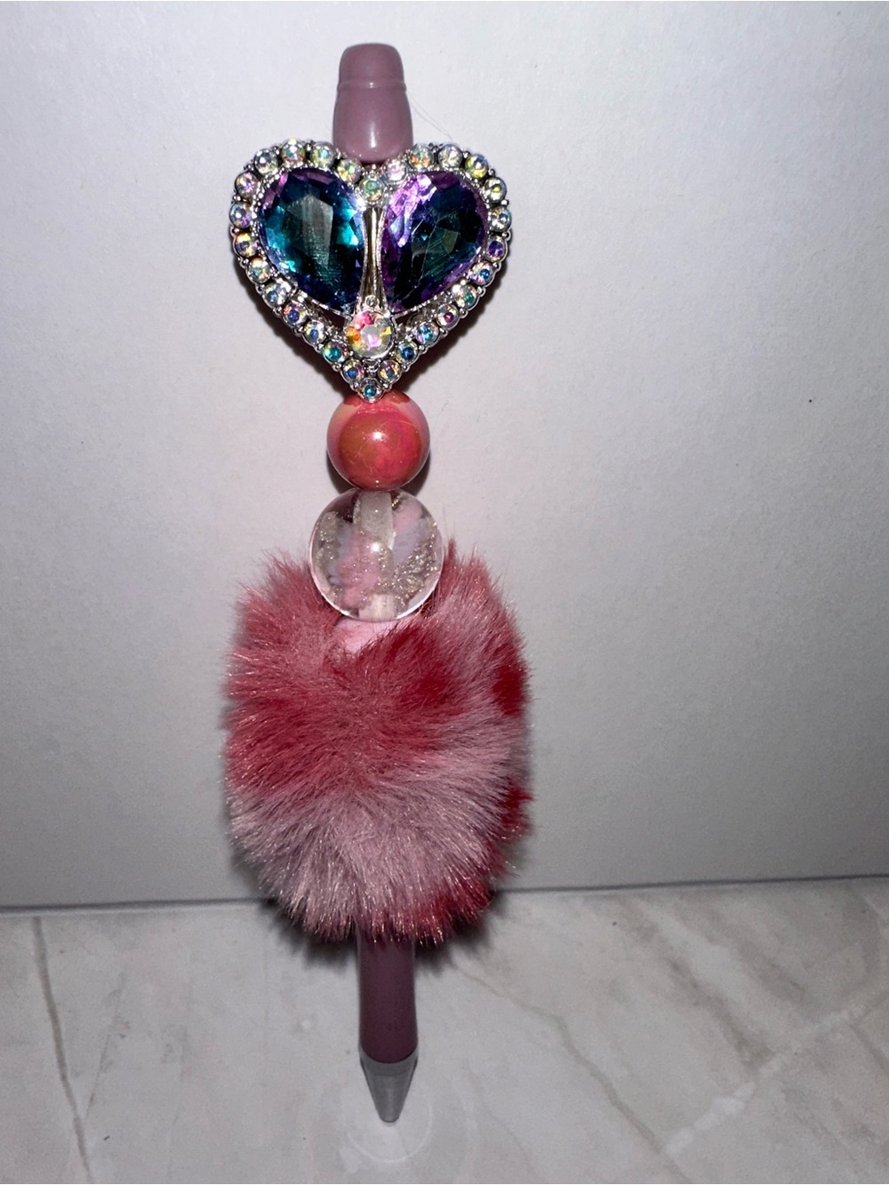 Plush Heart Charm Handmade Pen - Pink Faux Fur Accents